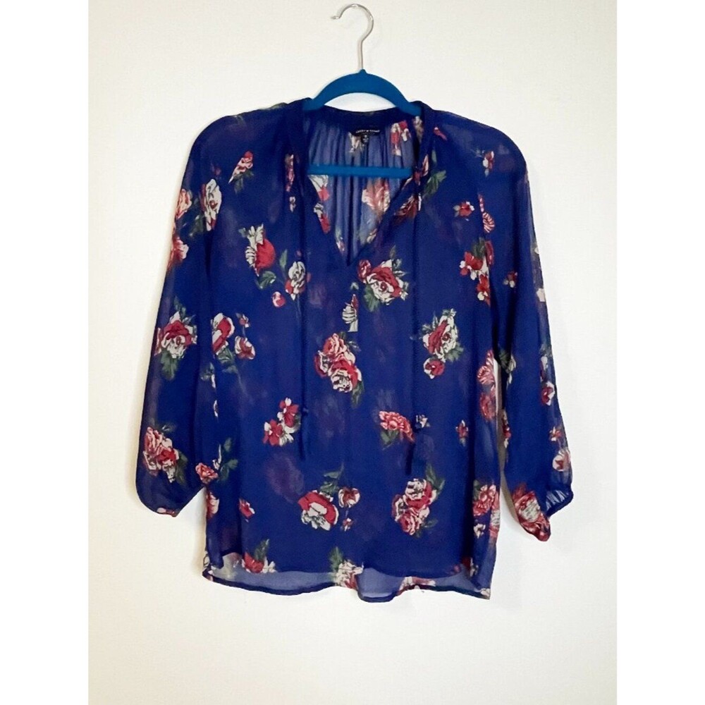 Lucky Brand Blue Floral Sheer Blouse Women’s Small Boho Peasant Top Lightweight